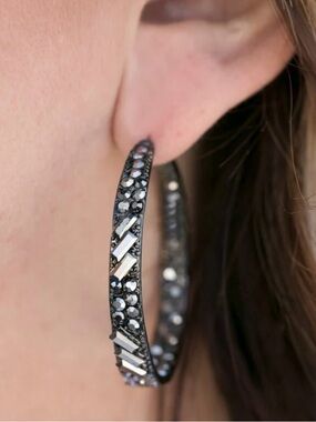 Hoop earrings gunmetal finish with rhinestones 1.75” diameter New